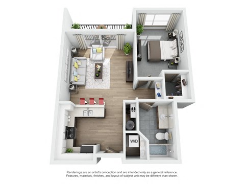 Floor plan for 1 bed, 1 bath, 713 sqft